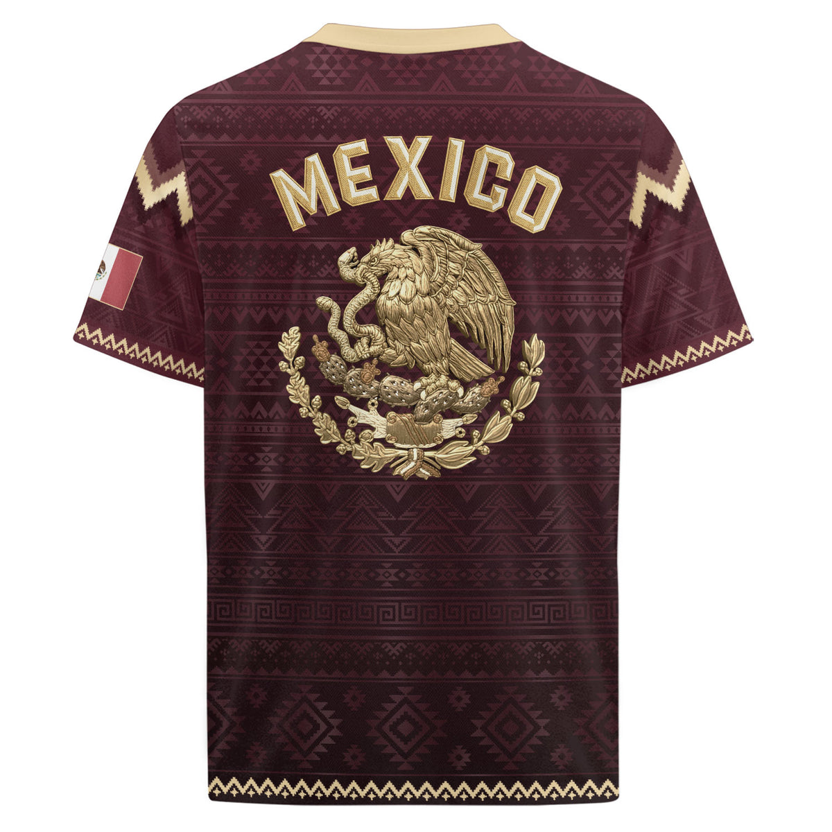 Mexico Heritage Soccer Jersey, Maroon Burgundy Gold Aztec Eagle Design Sports Jersey for Men