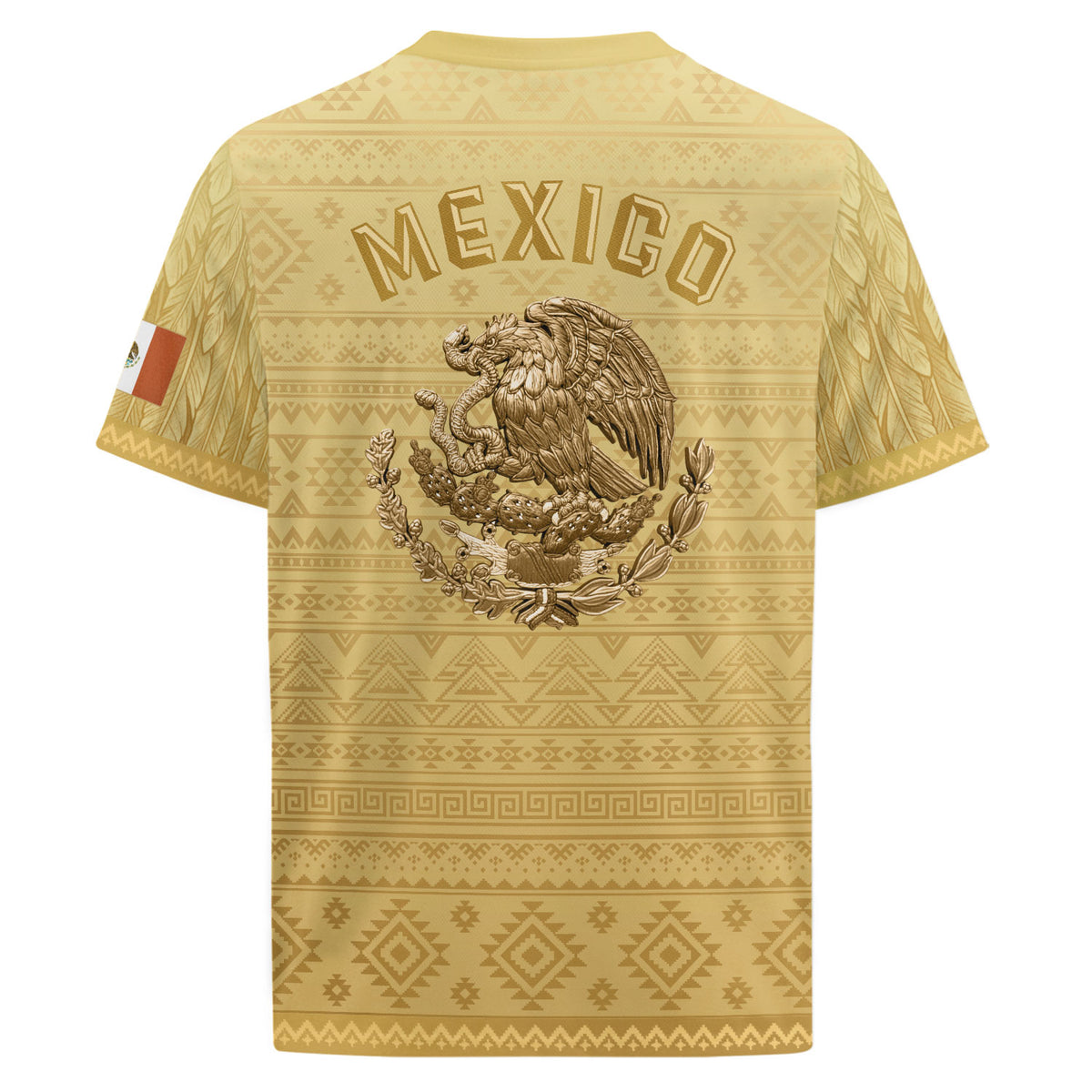 Mexico Heritage Soccer Jersey, Yellow Gold Aztec Calendar Design Sports Jersey for Men
