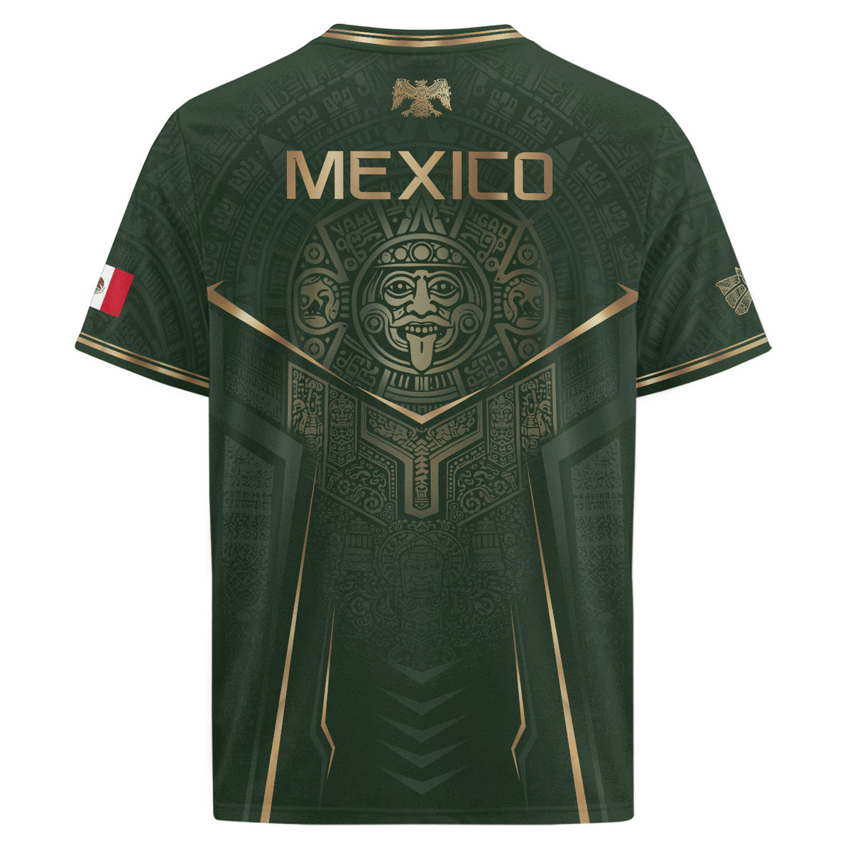 Camiseta de fútbol premium con emblema de águila azteca verde y dorado de México