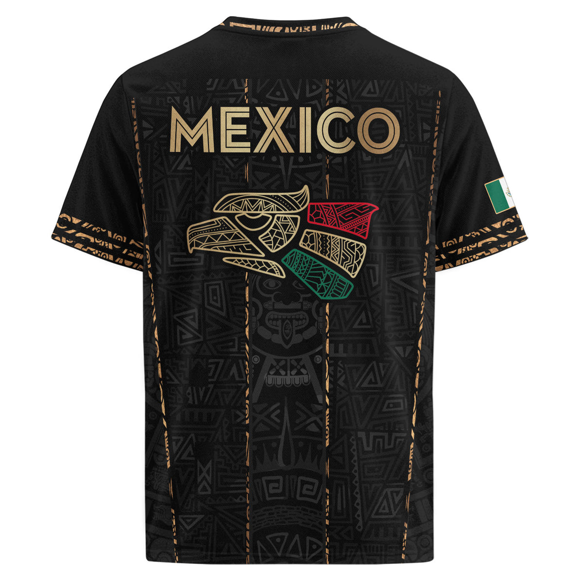 Camiseta de fútbol premium con emblema de águila azteca verde y dorado de México
