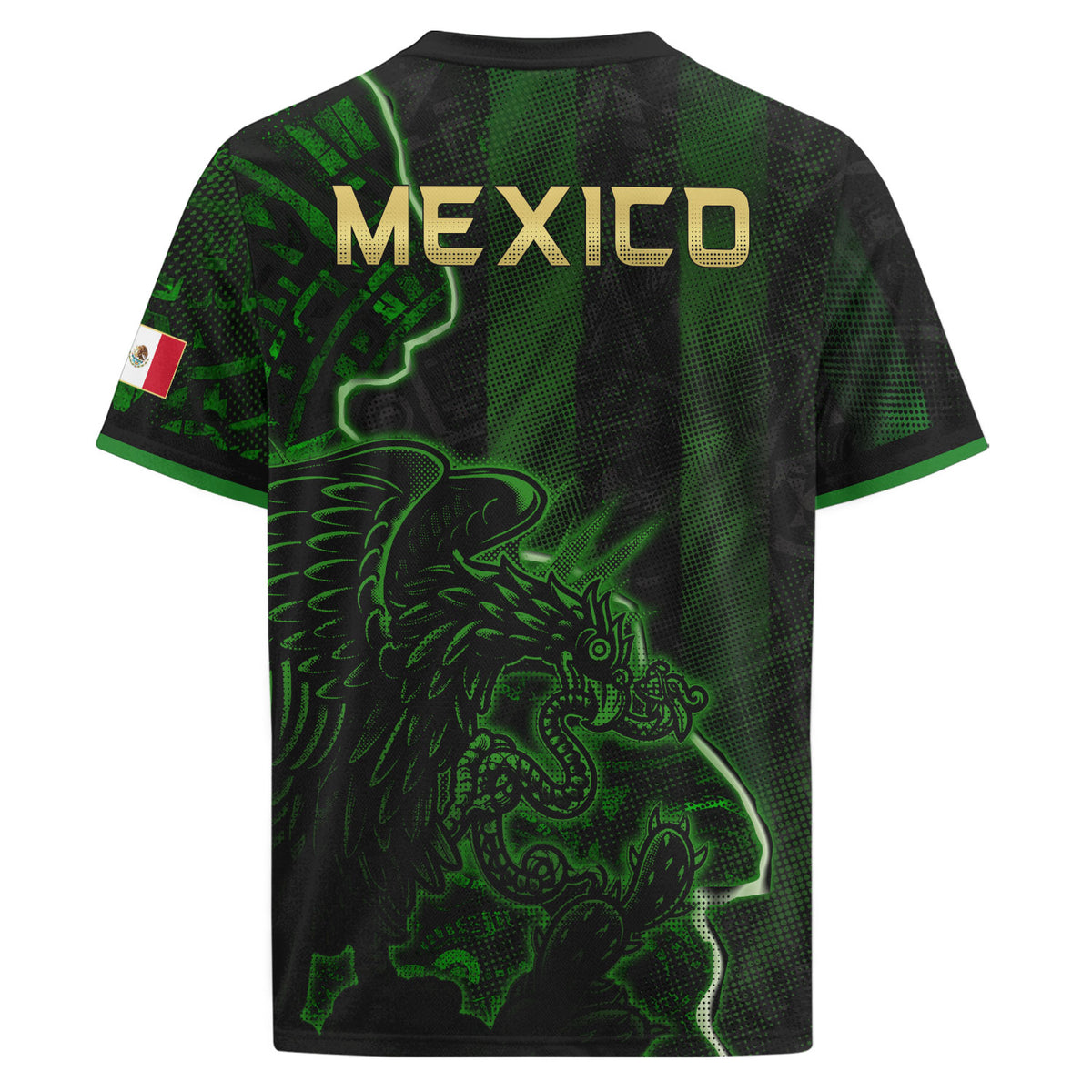 Camiseta de fútbol premium con emblema de águila azteca verde y dorado de México