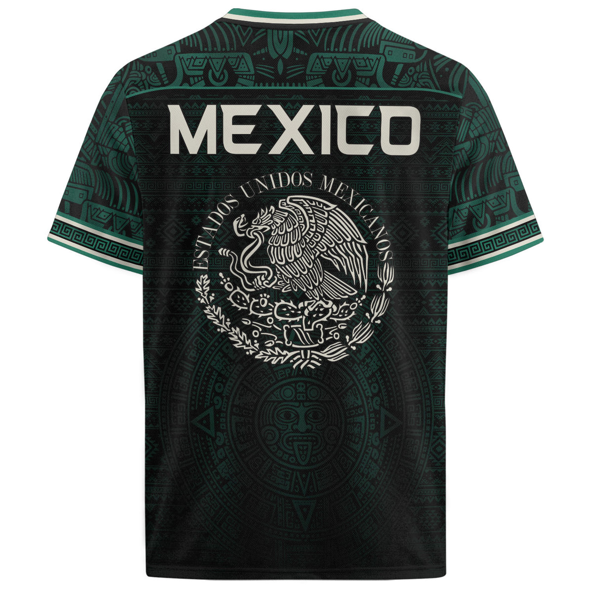 Mexico Soccer Jersey Dark Green V Neck Unisex Shirt Aztec Calendar Graphic Football Top