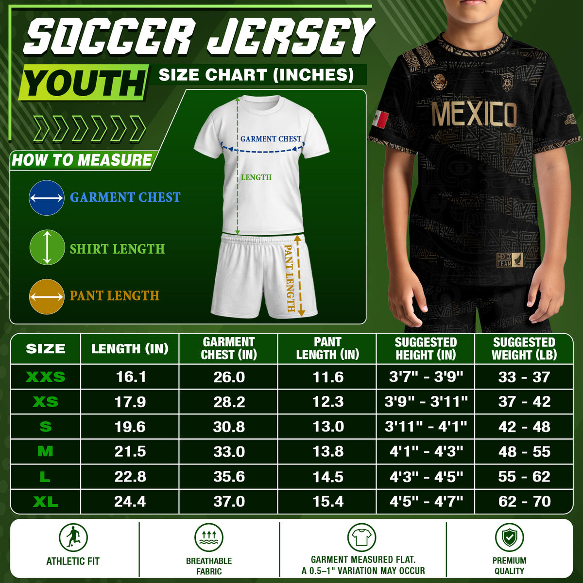 Mexico Kids Soccer Jersey Black Gold Aztec Pattern Crest Design
