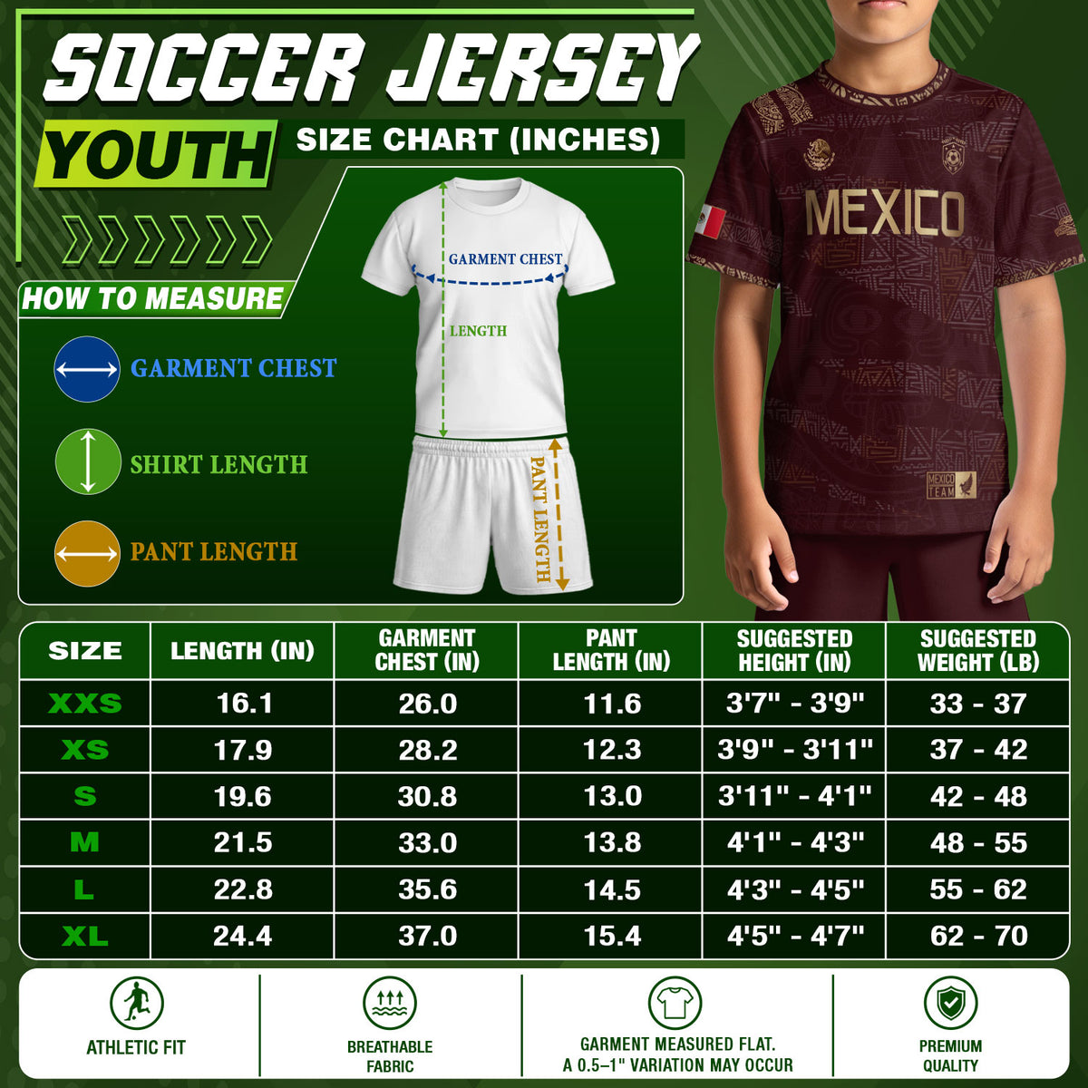 Mexico Kids Soccer Jersey Burgundy Gold Aztec Pattern Crest Design
