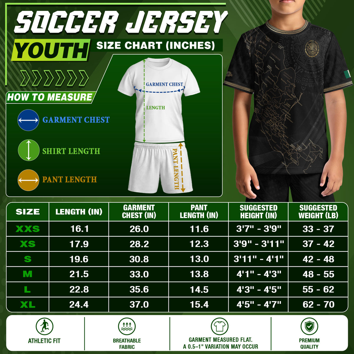 Mexico Kids Soccer Jersey Black Gold Map Aztec Pattern