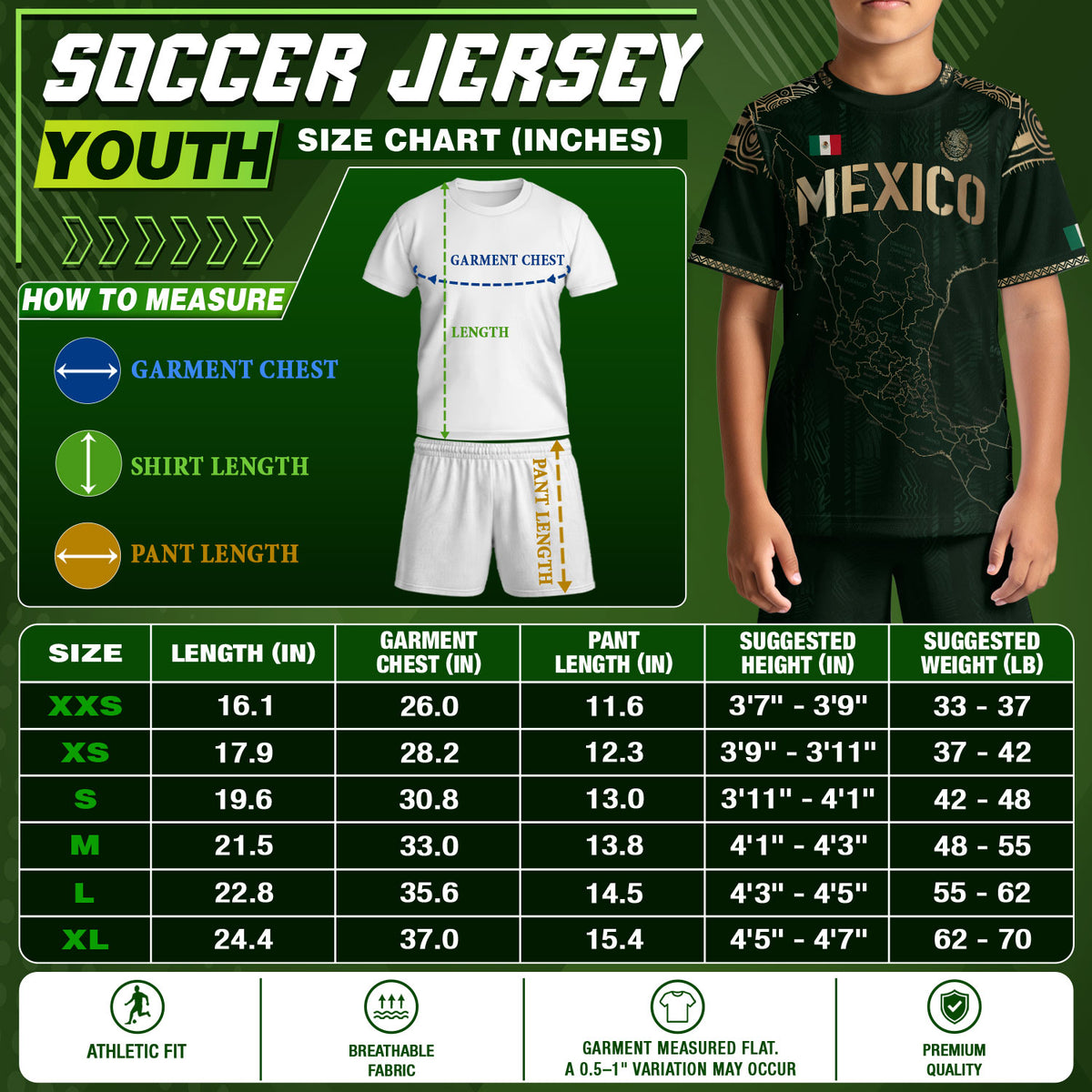 Camiseta de fútbol infantil de México con diseño azteca, color verde y dorado
