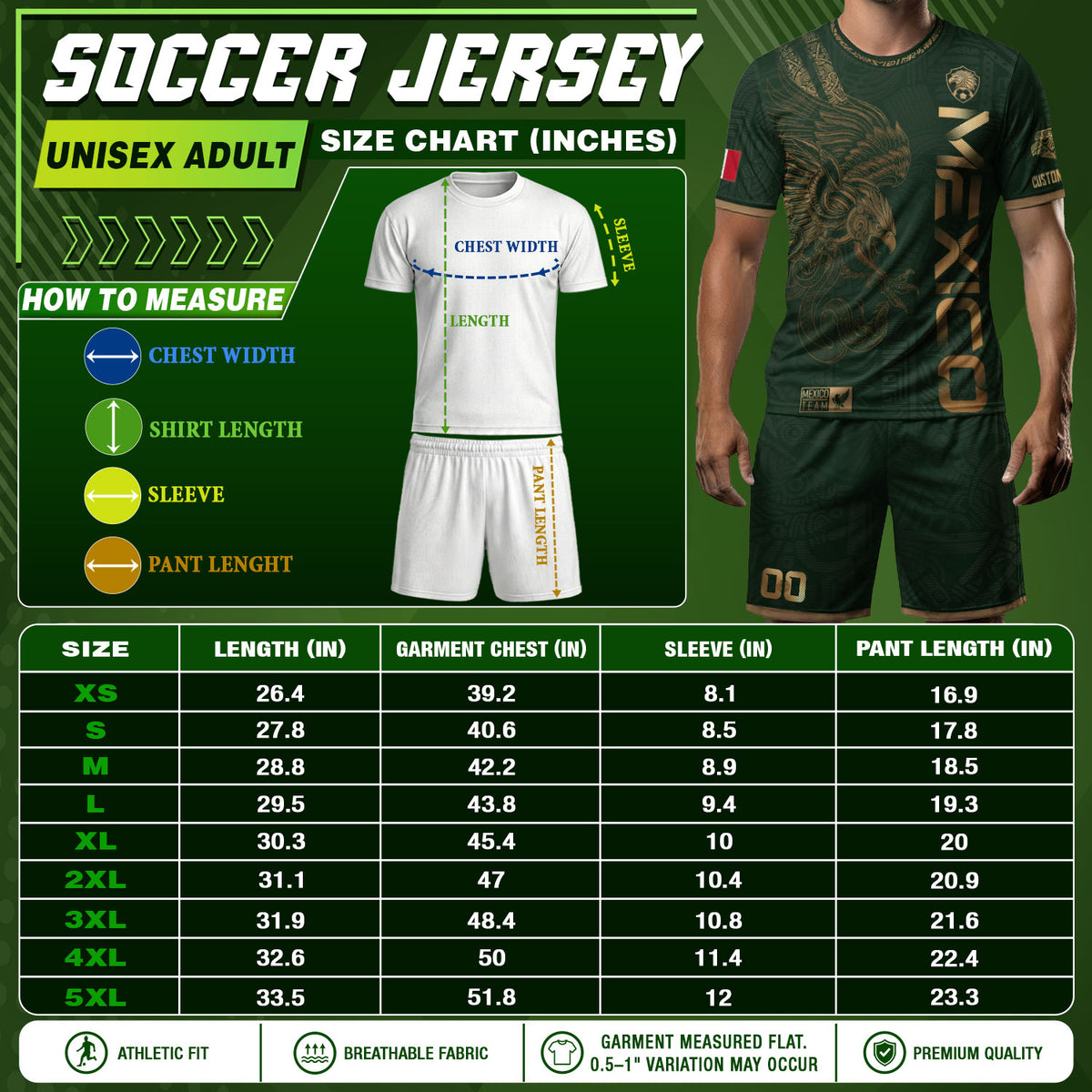 Camiseta de fútbol verde y dorado personalizada de México con diseño de águila y serpiente azteca