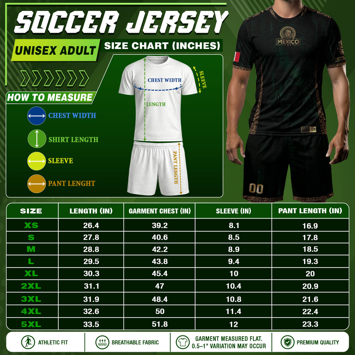 Camiseta de fútbol personalizada de México, color verde y dorado, con diseño de águila azteca.