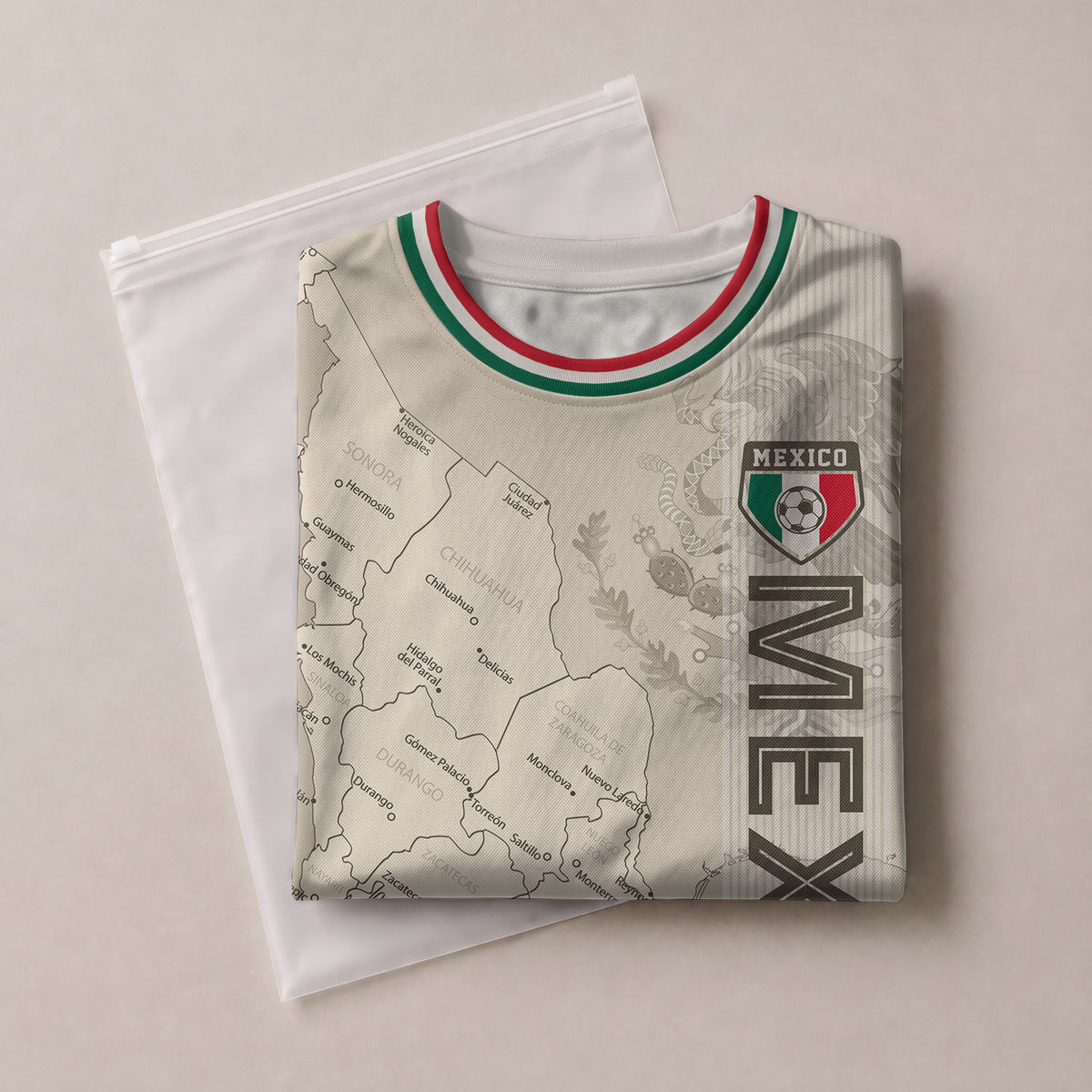 Camiseta de fútbol infantil de México personalizada con diseño de mapa patrimonial beige