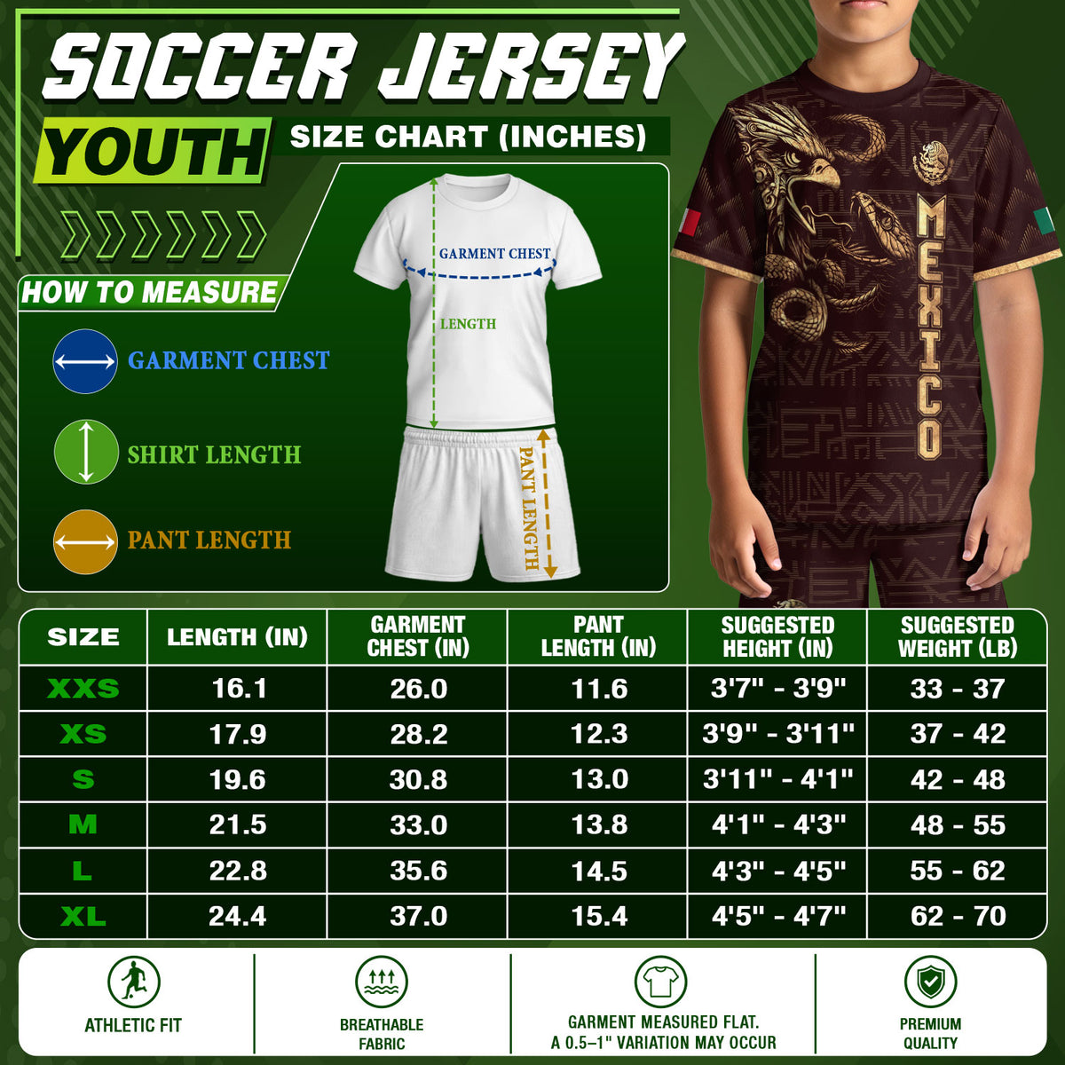Camiseta de fútbol infantil de México, diseño de águila y serpiente azteca, color burdeos y dorado