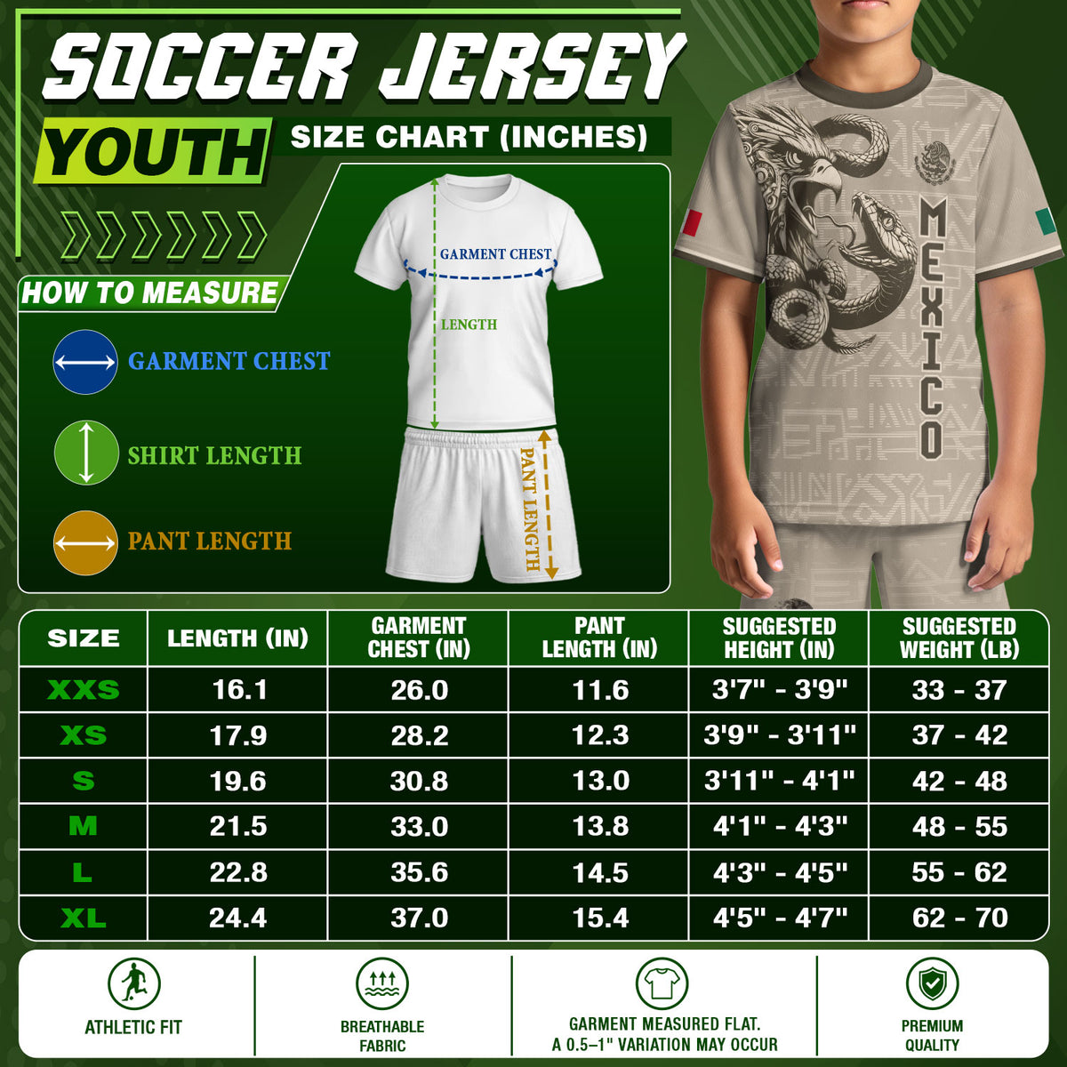 Camiseta de fútbol infantil de México, diseño de águila y serpiente azteca, color beige y marrón