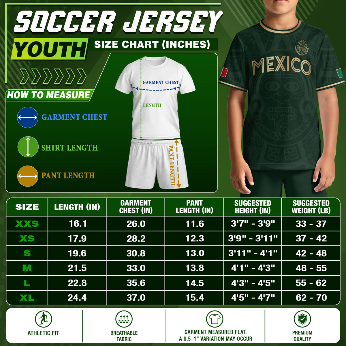 Camiseta de fútbol infantil de México, diseño de calendario azteca, verde y dorado