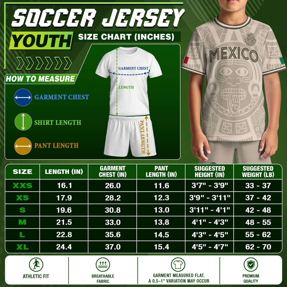 Mexico Kids Soccer Jersey Beige Gold Aztec Calendar Eagle Design