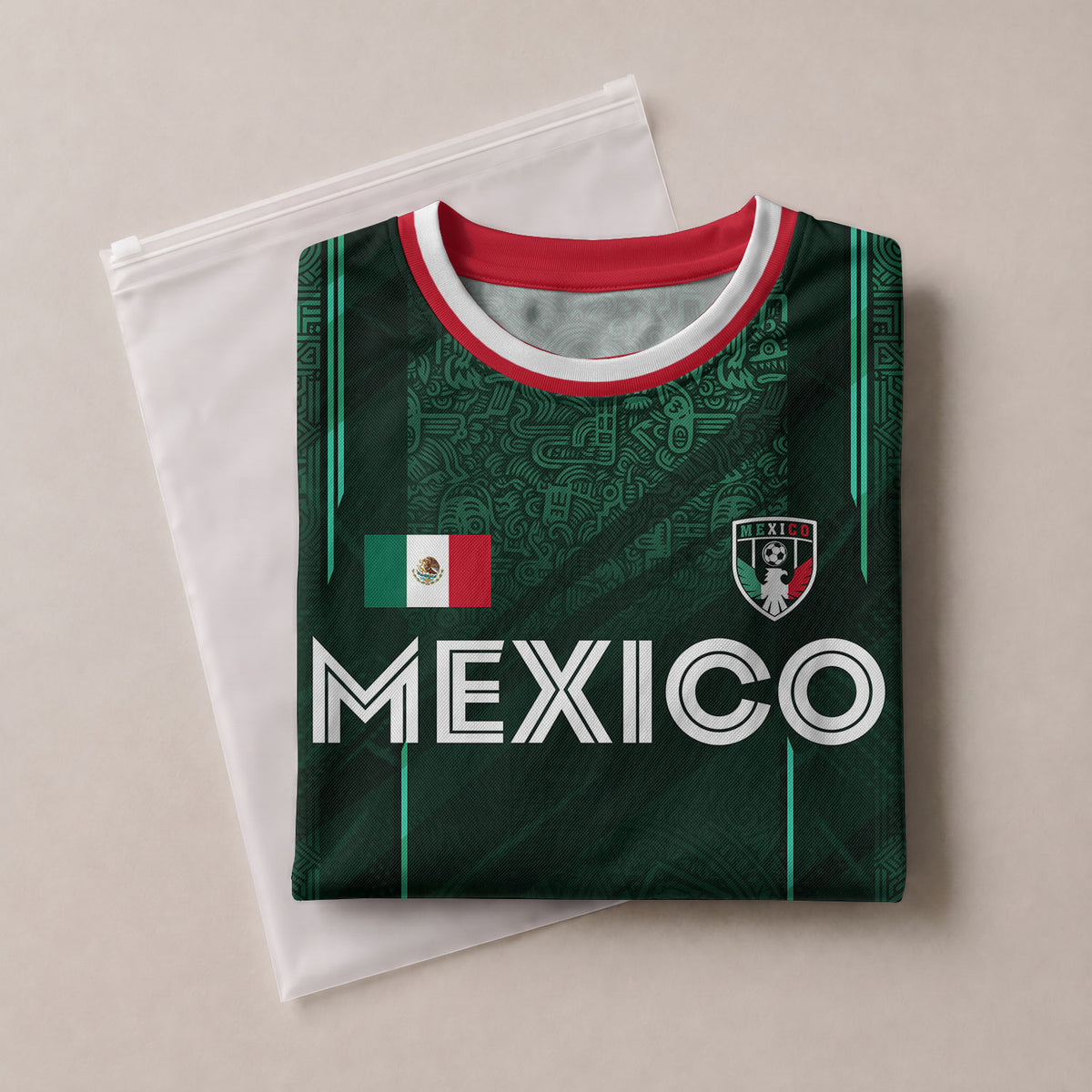 Camiseta de fútbol de México para niños personalizada, diseño de calendario azteca verde