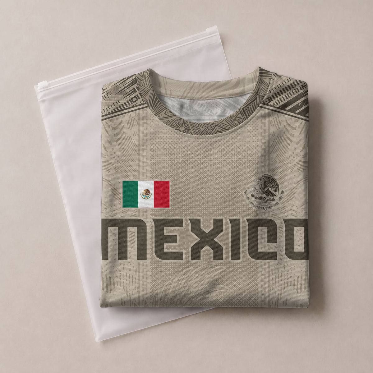 Camiseta de fútbol de México para niños personalizada con diseño de águila azteca beige