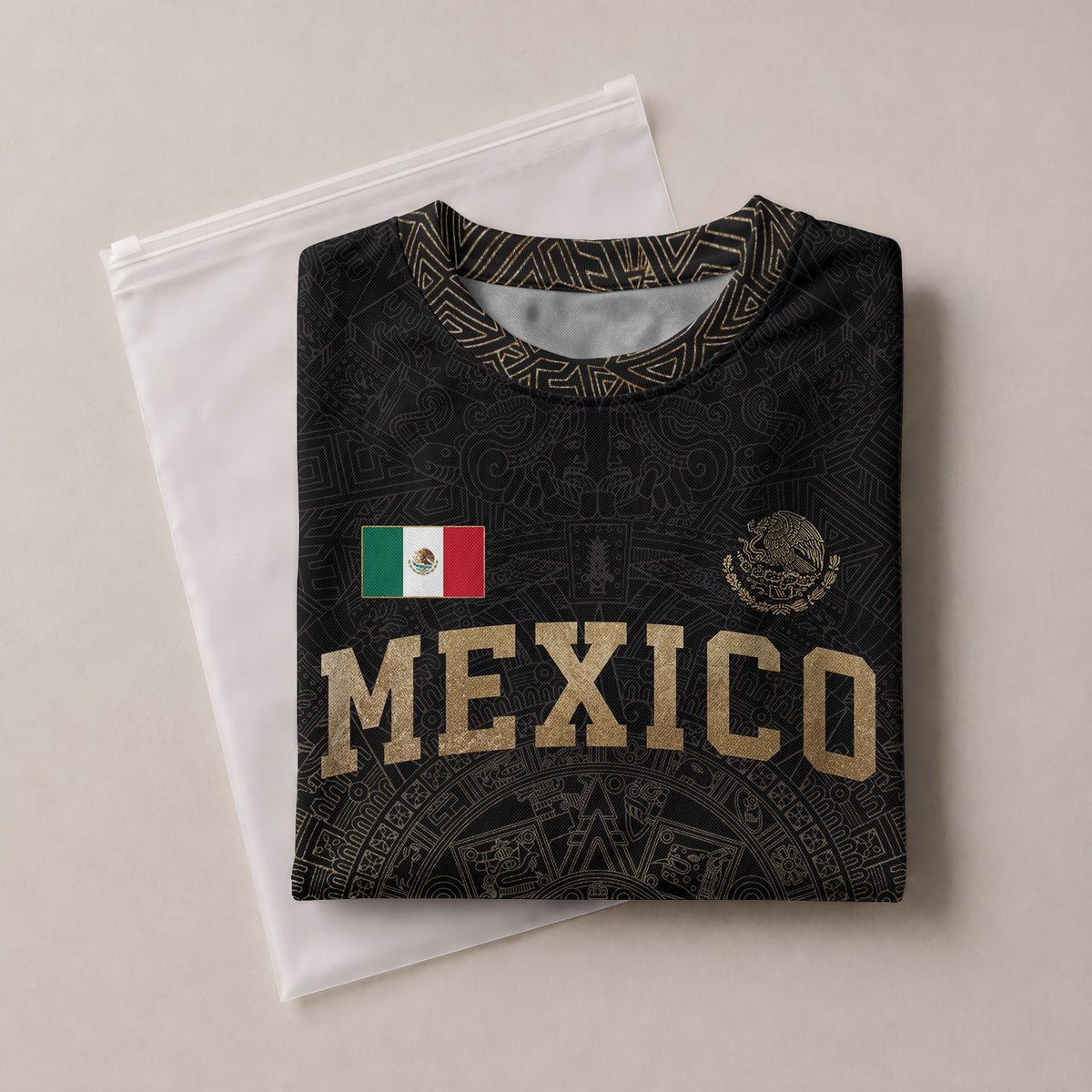 Camiseta de fútbol de México para niños personalizada, diseño de templo azteca negro y dorado