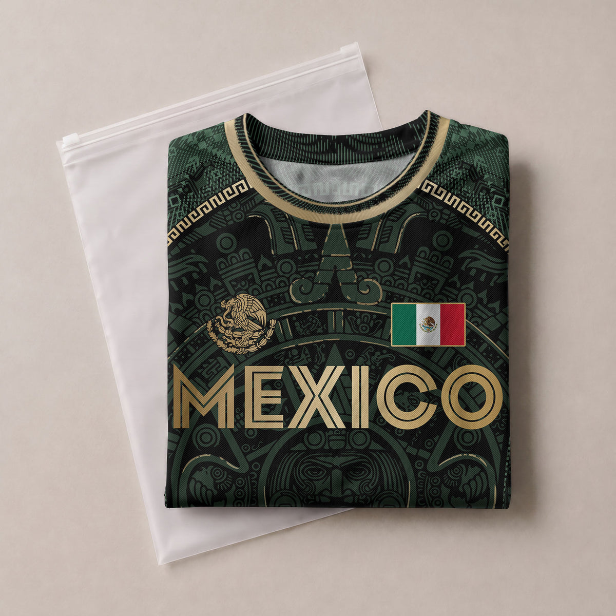 Camiseta de fútbol de México para niños personalizada, diseño de calendario azteca, verde oscuro y dorado