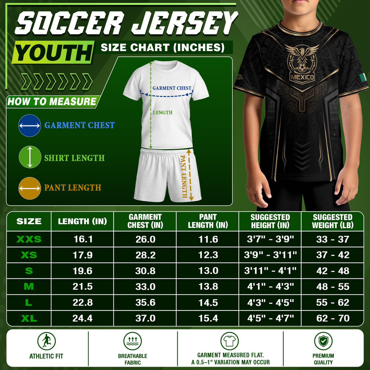 Camiseta de fútbol juvenil con estampado vertical del Águila Dorada Negra de México
