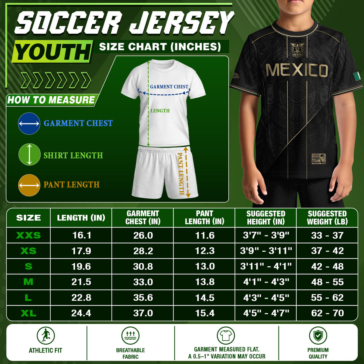 Mexico Youth Football Kit Black Gold Aztec Design Kids Soccer Uniform Elite Sportswear Top