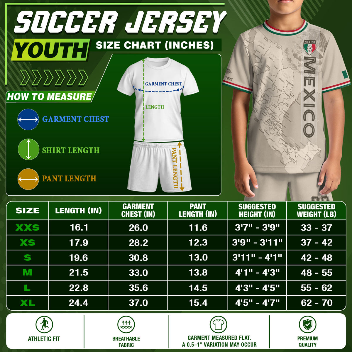 Camiseta de fútbol infantil de México personalizada con diseño de mapa patrimonial beige