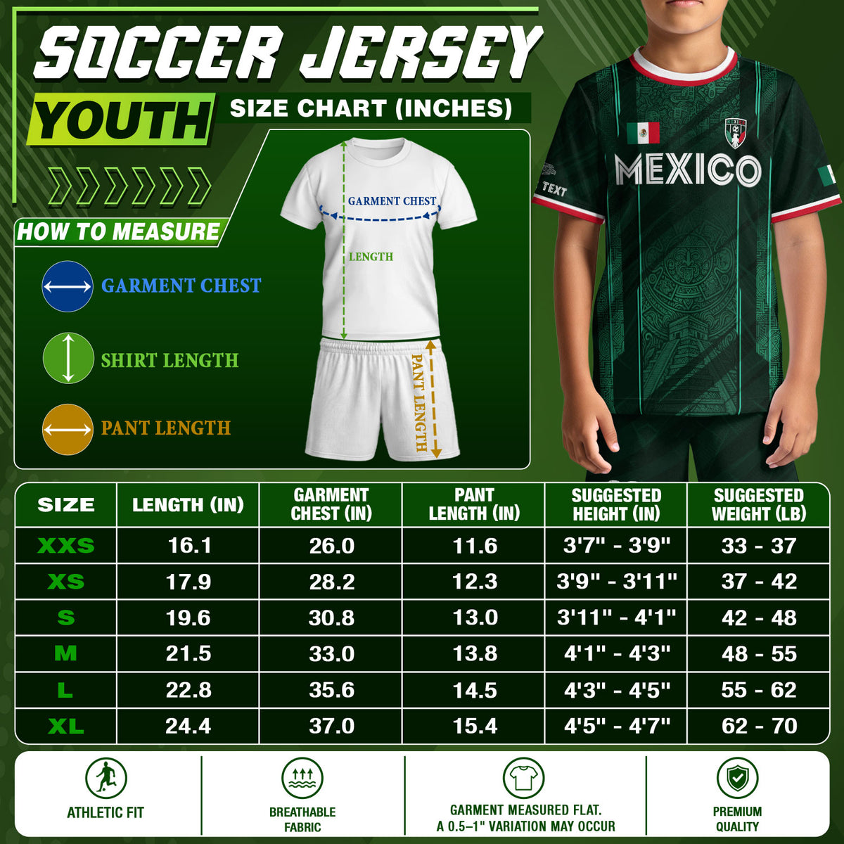 Camiseta de fútbol de México para niños personalizada, diseño de calendario azteca verde
