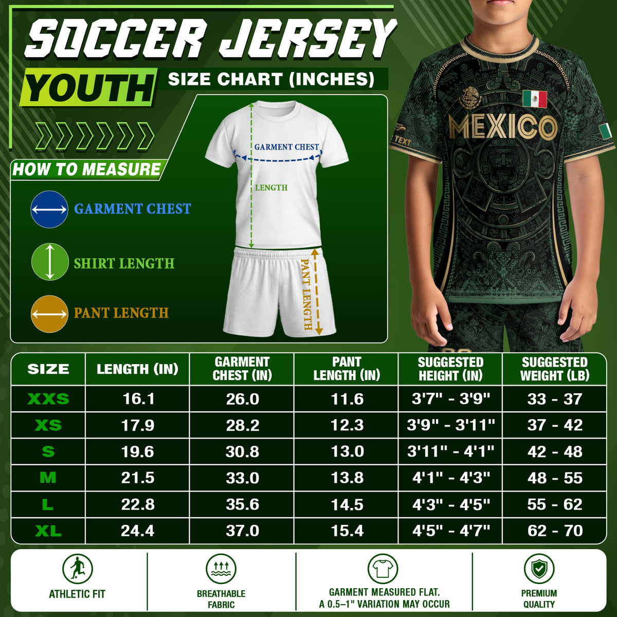 Camiseta de fútbol de México para niños personalizada, diseño de calendario azteca, verde oscuro y dorado