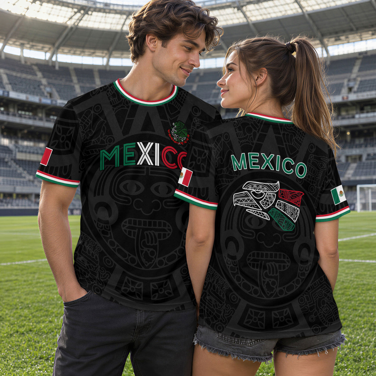 Soccer Jersey Mexico Black Aztec Pattern with Tricolor Accents