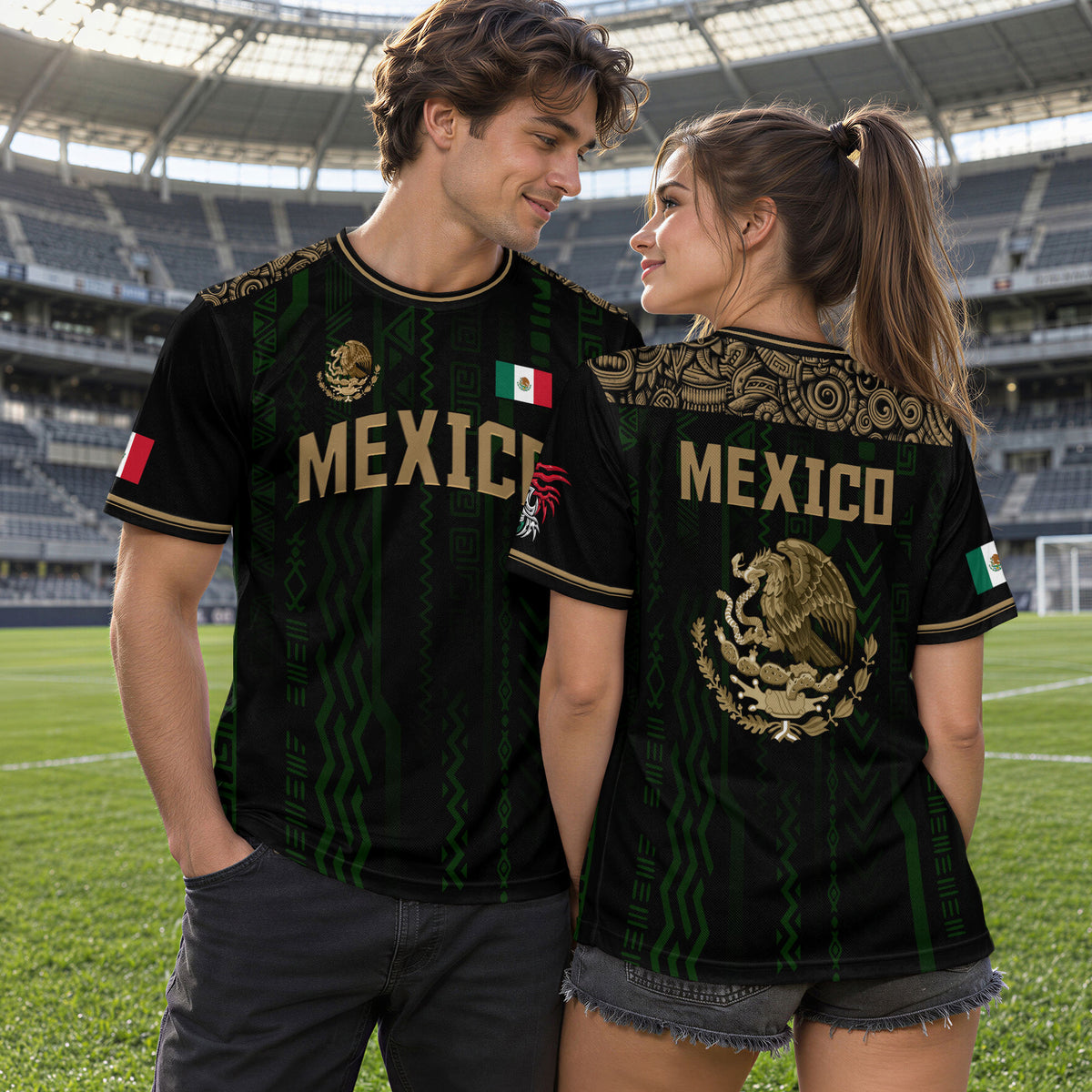 Camiseta de fútbol de México con diseño azteca negro y dorado
