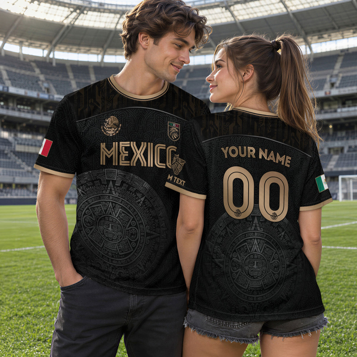 Camiseta de fútbol personalizada de México, edición dorada, calendario azteca negro