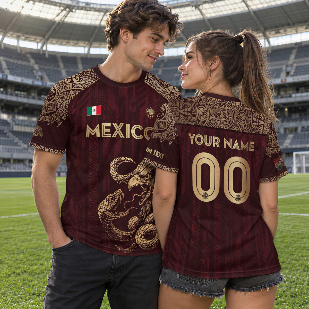 Camiseta de fútbol personalizada de México, color burdeos, águila y serpiente dorada