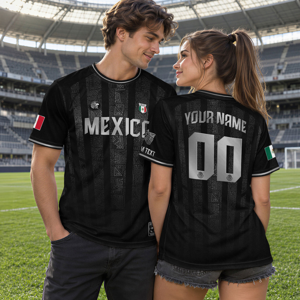 Custom Mexico Black Silver Aztec Pattern Soccer Jersey
