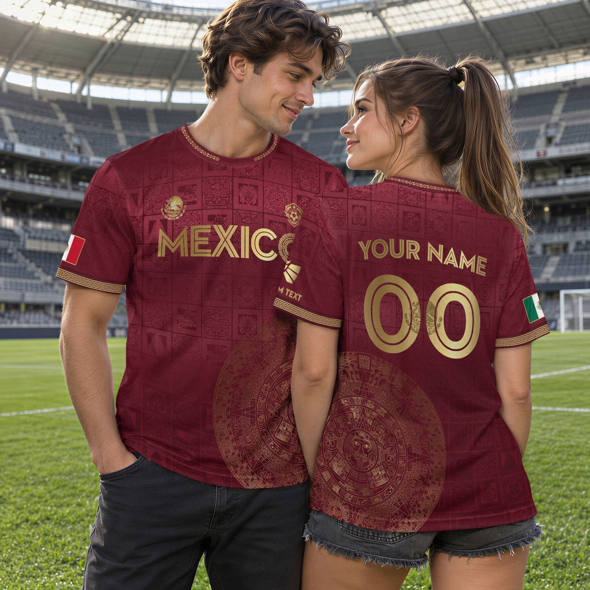 Camiseta de fútbol personalizada del calendario azteca dorado granate de México