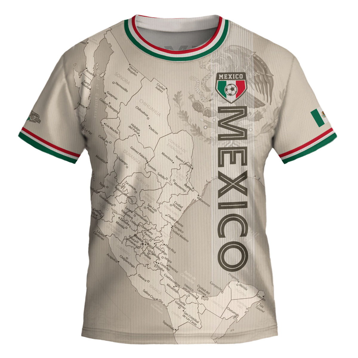 Camiseta de fútbol infantil de México con diseño azteca y mapa beige