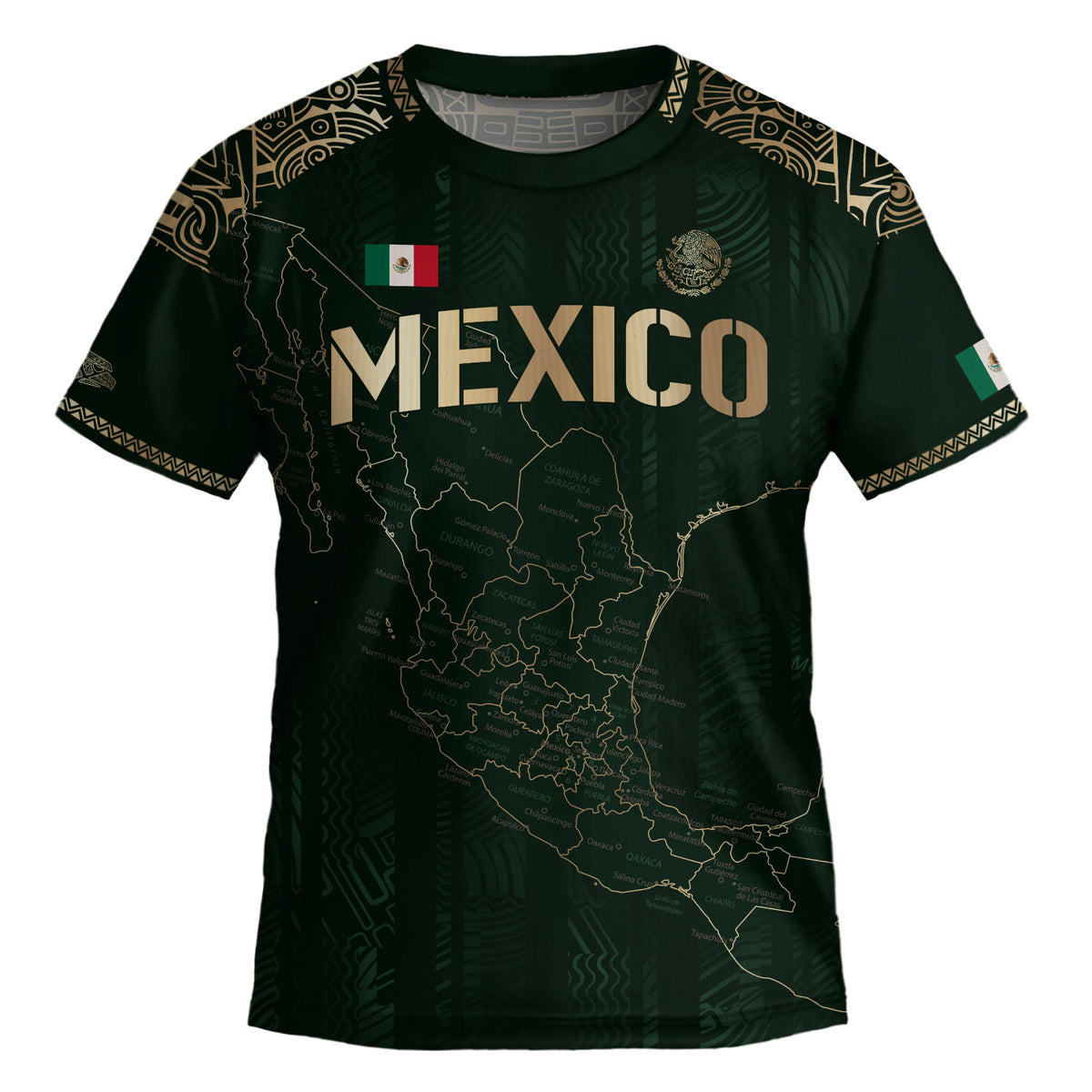 Camiseta de fútbol infantil de México con diseño azteca, color verde y dorado