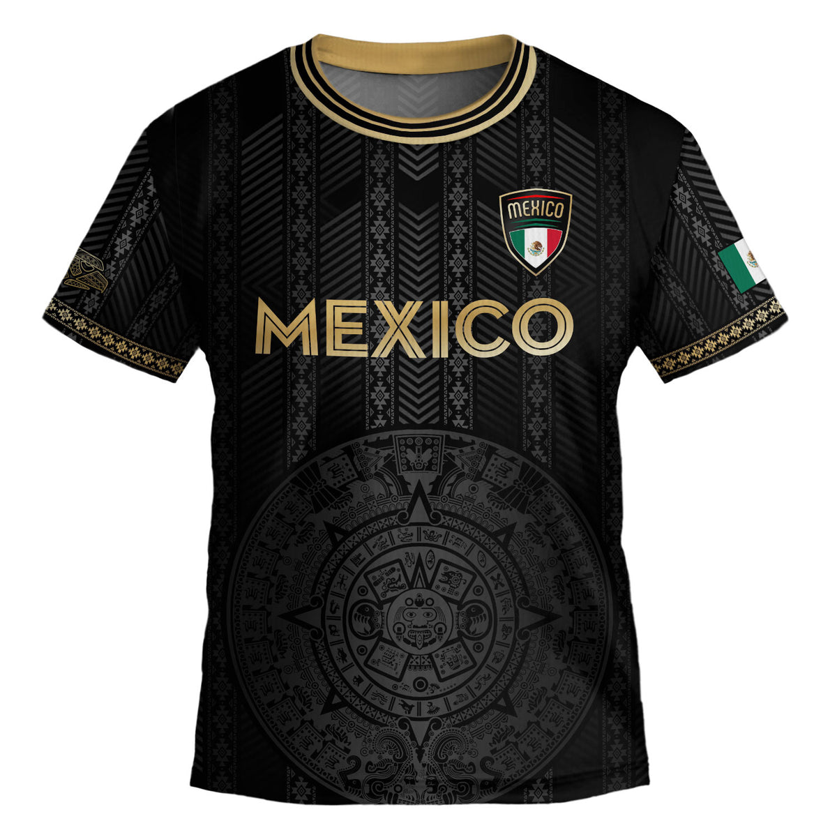 Camiseta de fútbol infantil de México, diseño de calendario azteca, color negro y dorado