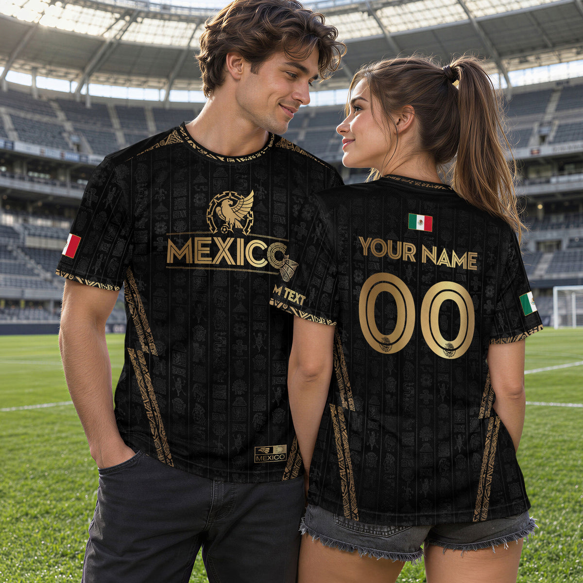 Camiseta de fútbol personalizada de México en negro y dorado con diseño de águila azteca