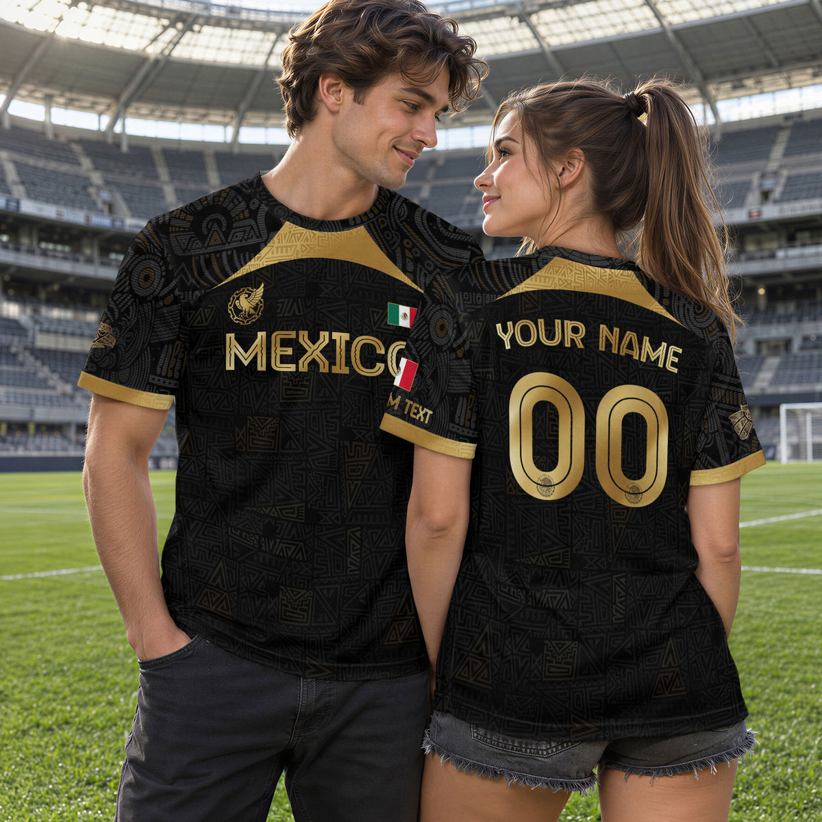 Custom Mexico Black Gold Soccer Jersey with Aztec Warrior Pattern