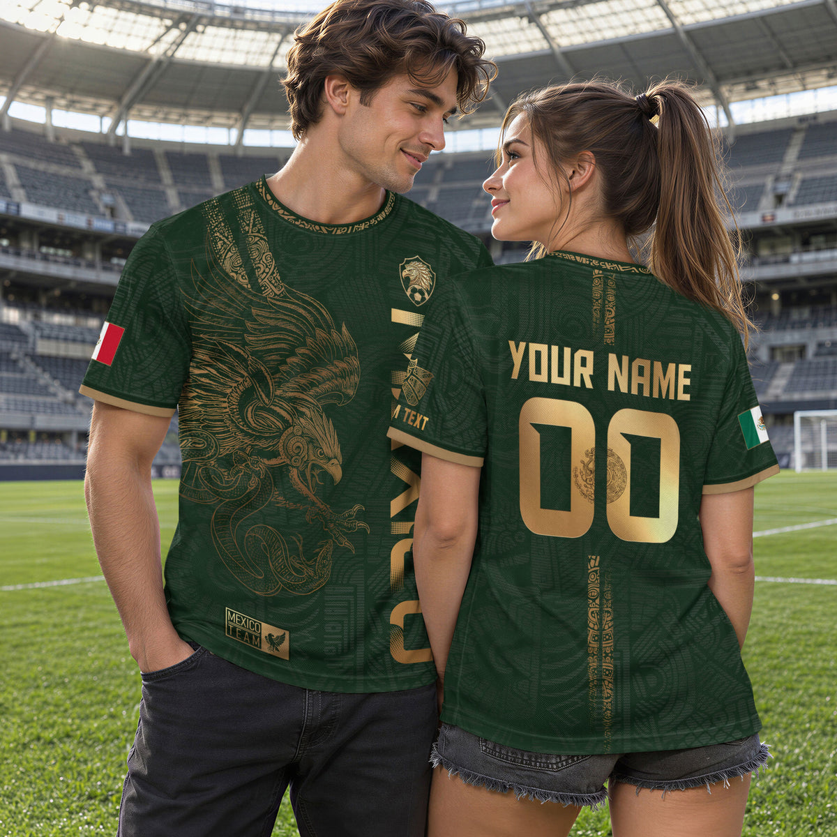 Camiseta de fútbol verde y dorado personalizada de México con diseño de águila y serpiente azteca