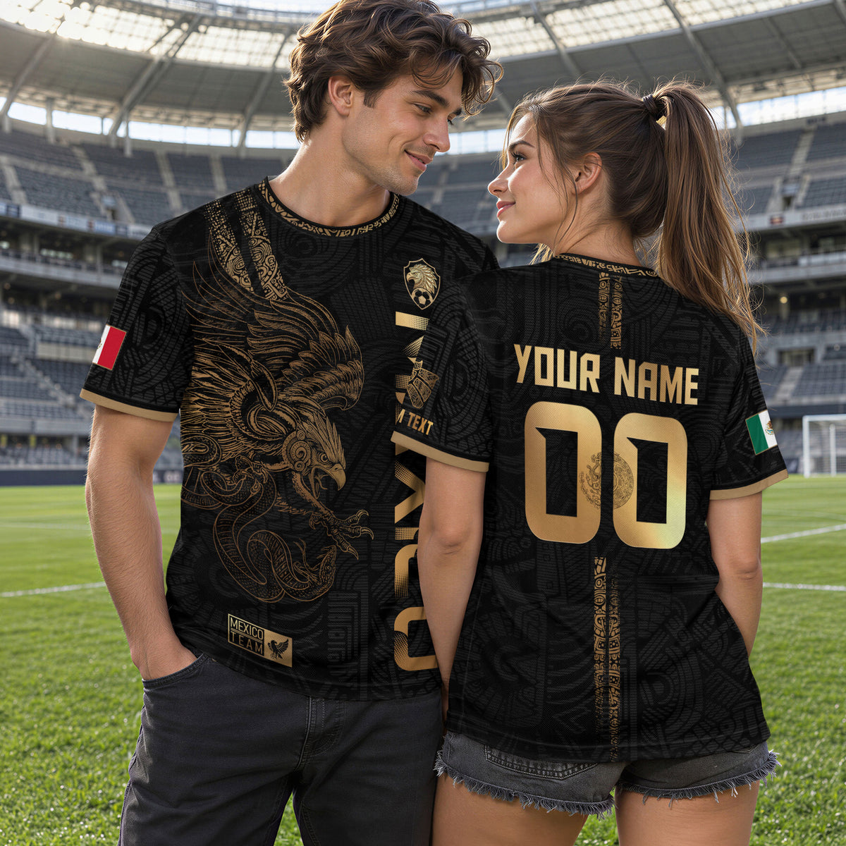 Custom Mexico Black Gold Soccer Jersey with Aztec Eagle Serpent Design