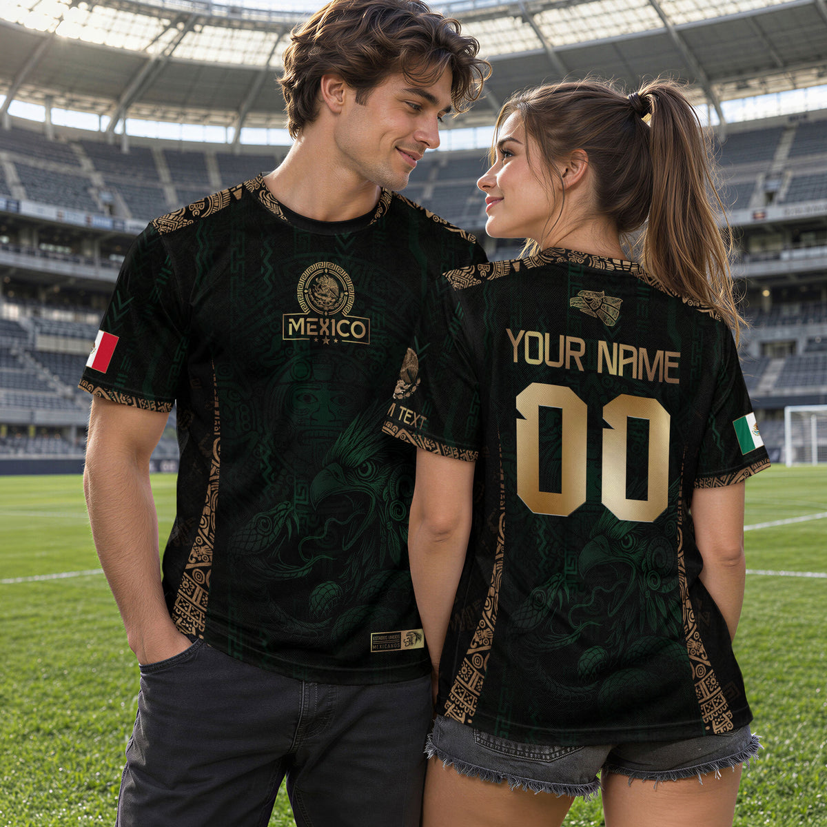 Camiseta de fútbol personalizada de México, color verde y dorado, con diseño de águila azteca.