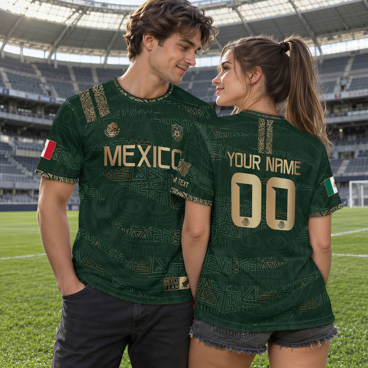 Custom Mexico Green Gold Aztec Pattern Soccer Jersey