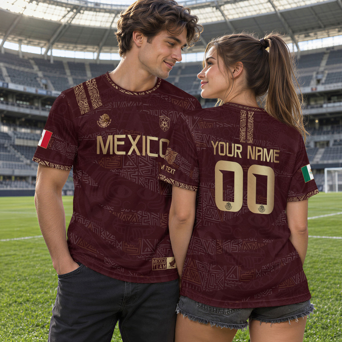Camiseta de fútbol personalizada de México con herencia azteca, color granate y dorado