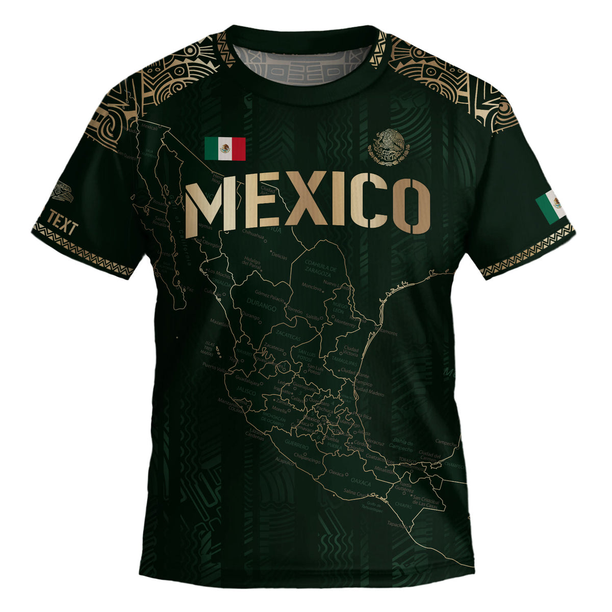 Camiseta de fútbol personalizada de México para niños, diseño de mapa patrimonial verde y dorado