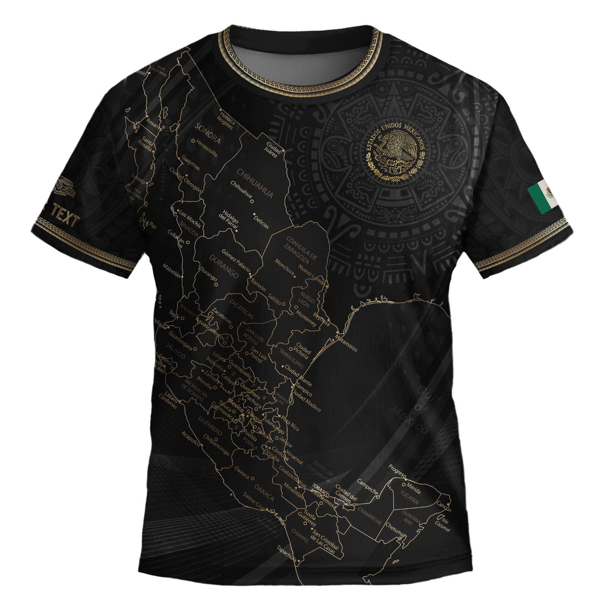 Camiseta de fútbol personalizada de México para niños, diseño de mapa patrimonial en negro y dorado