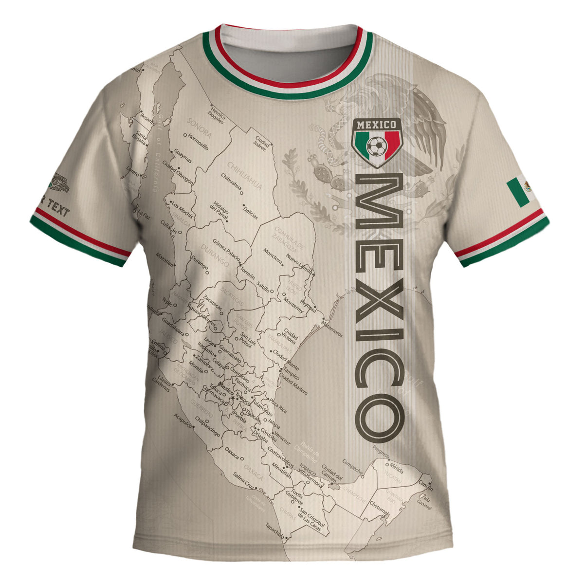 Camiseta de fútbol infantil de México personalizada con diseño de mapa patrimonial beige