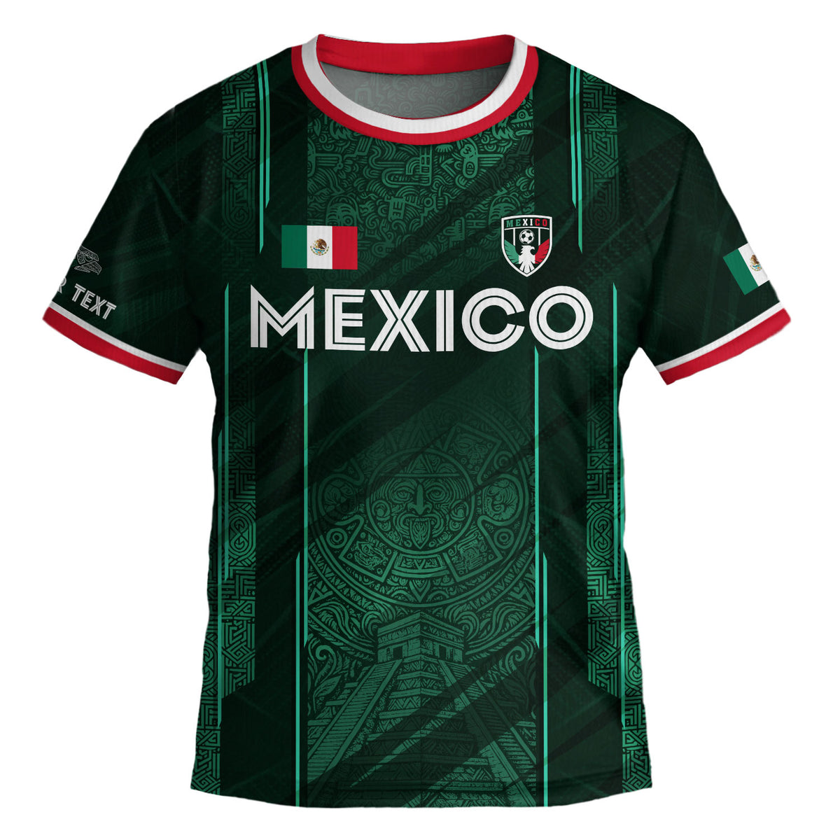 Camiseta de fútbol de México para niños personalizada, diseño de calendario azteca verde