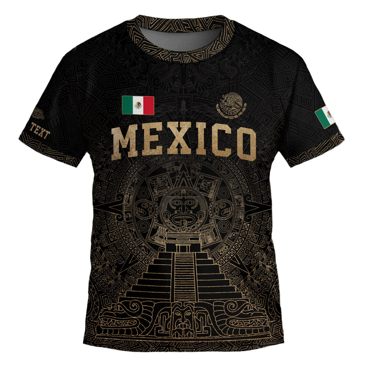 Camiseta de fútbol de México para niños personalizada, diseño de templo azteca negro y dorado