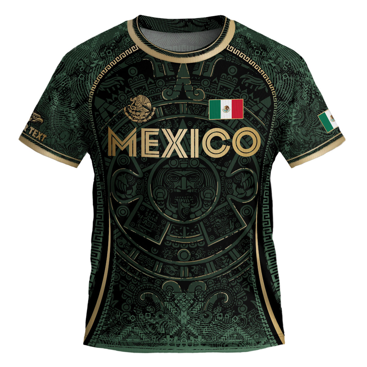 Camiseta de fútbol de México para niños personalizada, diseño de calendario azteca, verde oscuro y dorado