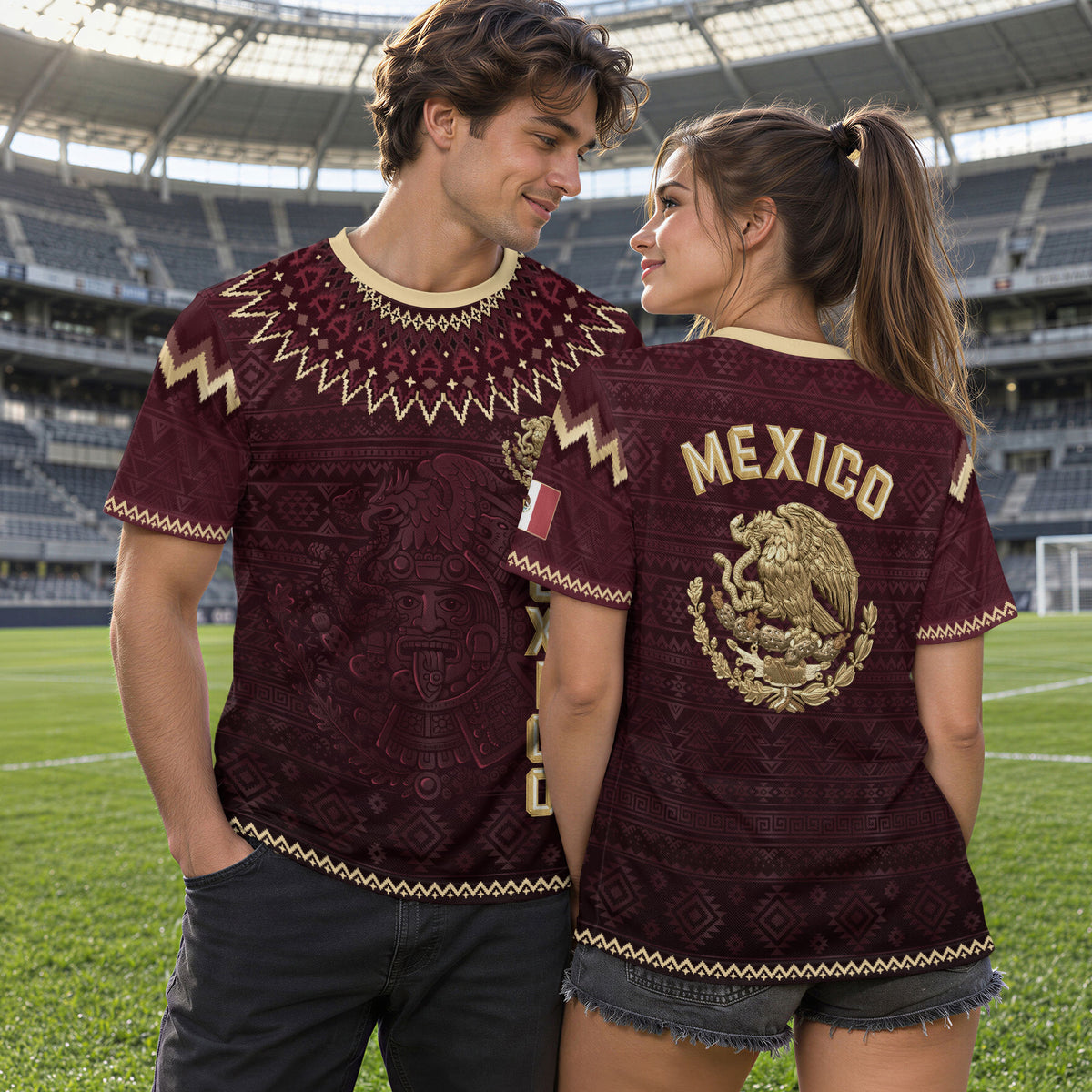 Mexico Heritage Soccer Jersey, Maroon Burgundy Gold Aztec Eagle Design Sports Jersey for Men
