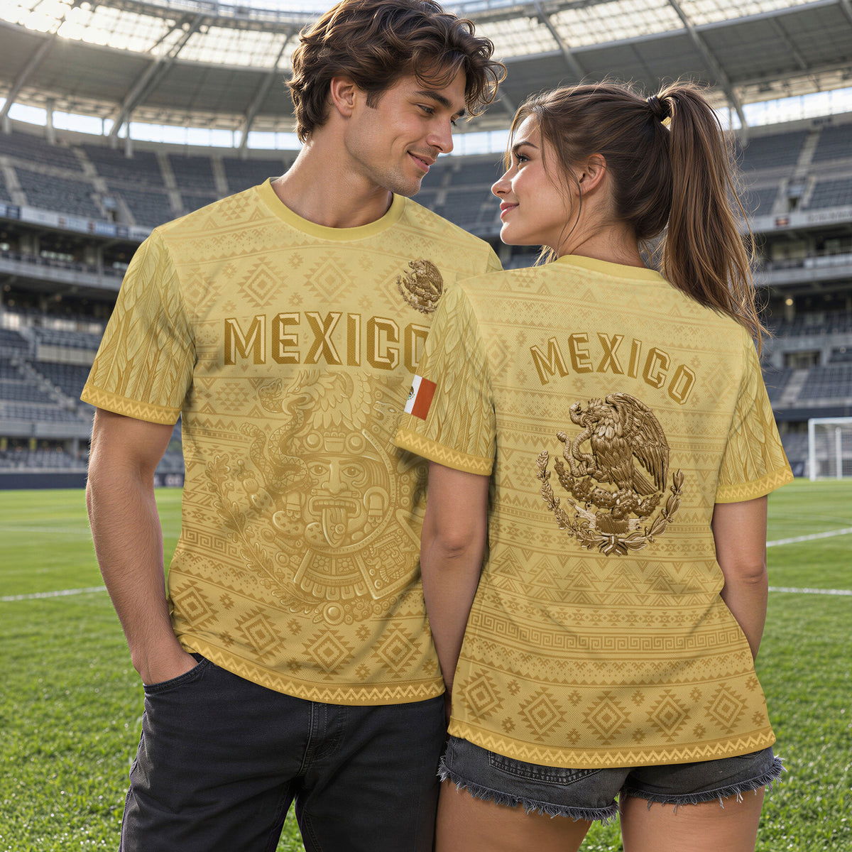 Mexico Heritage Soccer Jersey, Yellow Gold Aztec Calendar Design Sports Jersey for Men